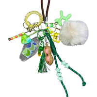 5941c15e-3a25-4e8d-9d01-84b0d2d37723 green color theme sensory keychain items such as Star Pom-Pom, Moving Beads stick, Pop-it(s), Pea Pod, Texture Tag, Cosmetic(s) (balloon dog, gummy bear. etc), key cap clicker, coil Bracelet, and a leather woven strap